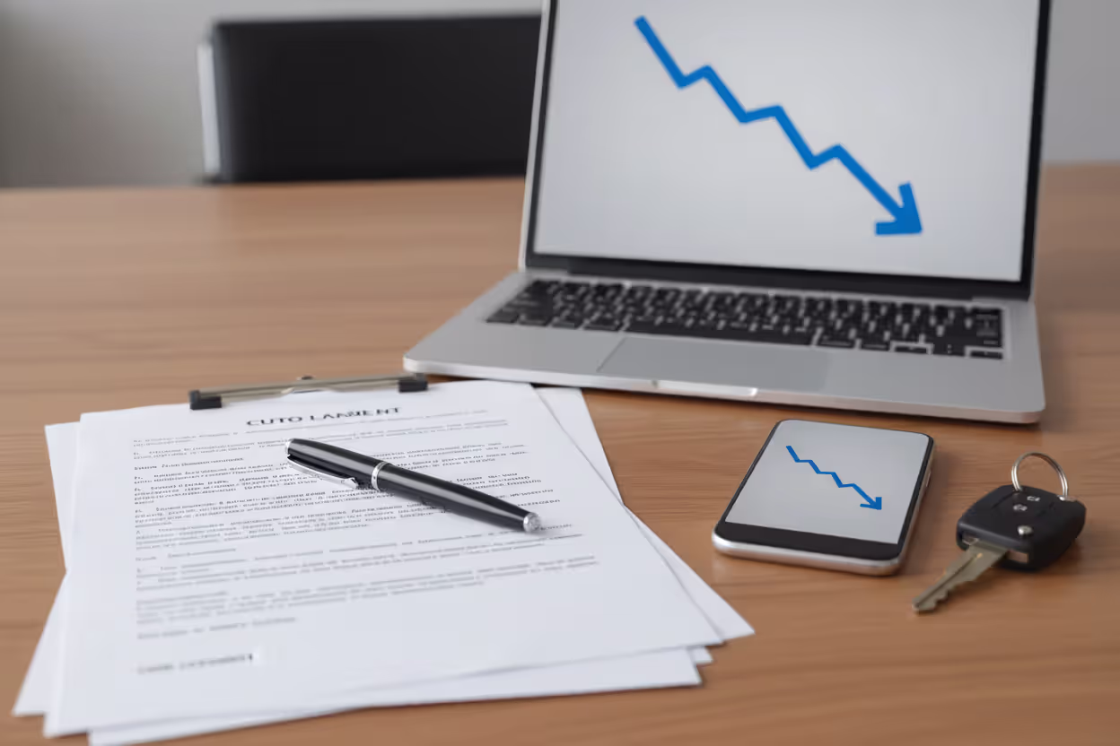 Car loan documents and digital chart illustrating a lower refinancing rate