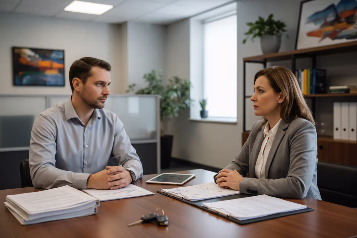 Borrower meeting with a loan officer about auto refinance options