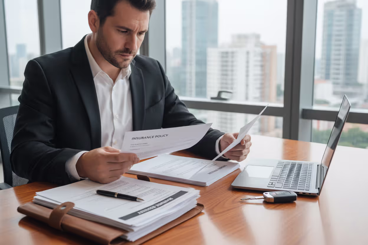 Customer reviewing car refinance documents and insurance paperwork