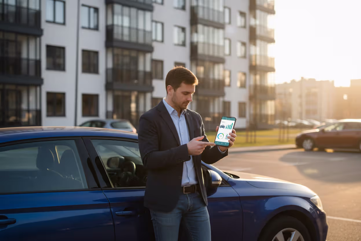 Car owner checking vehicle value and loan information on a smartphone
