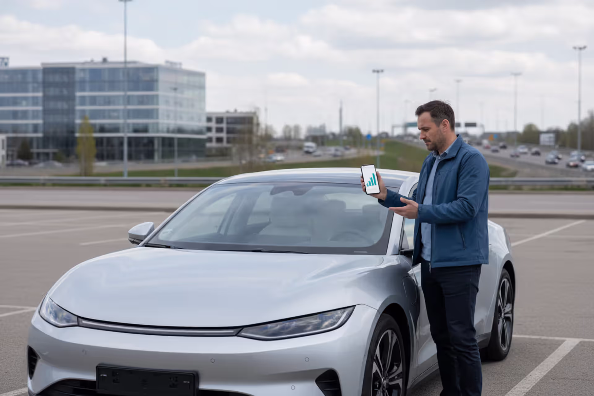 Person comparing auto refinance options next to a modern car