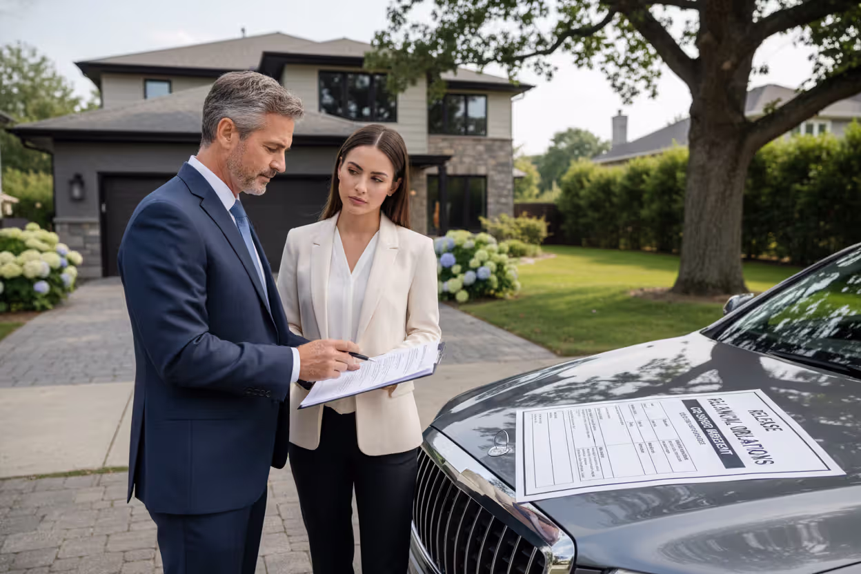 Borrower and cosigner discussing car loan responsibility near a vehicle