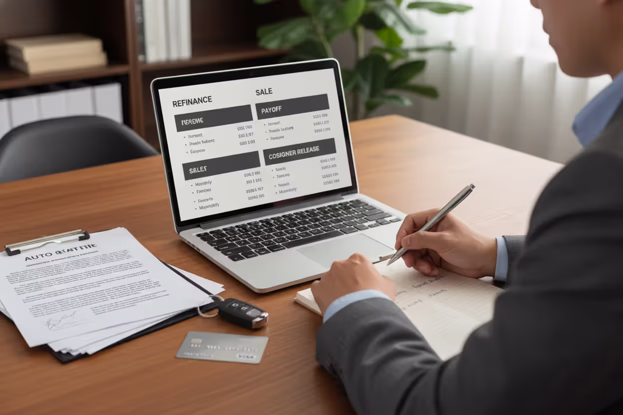 Borrower comparing car loan refinancing and cosigner removal options