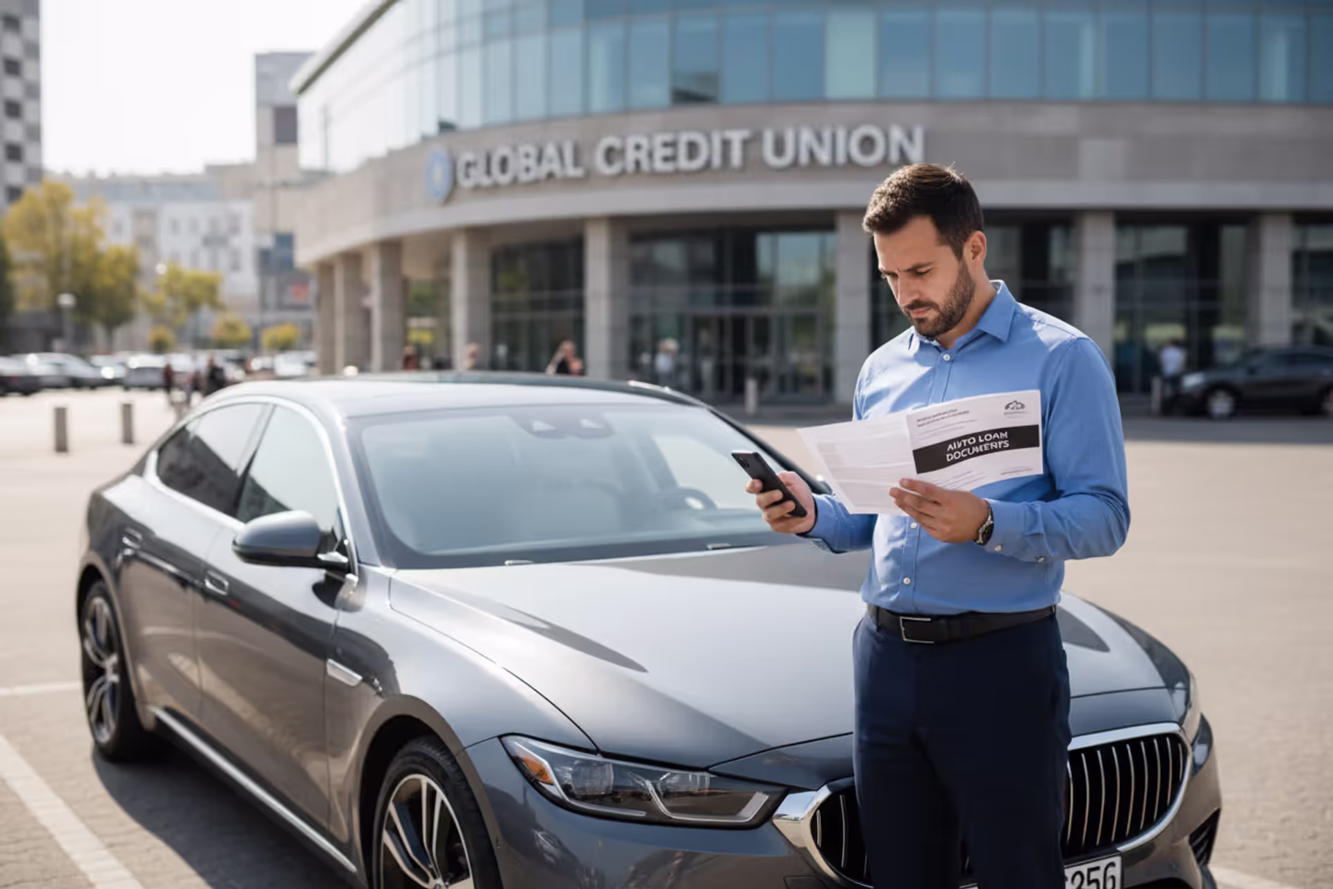 Person reviewing car loan refinancing options beside a car near a bank