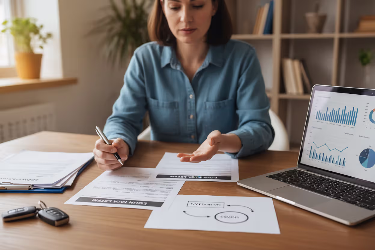 Person comparing two car loan offers at a desk with car keys and documents