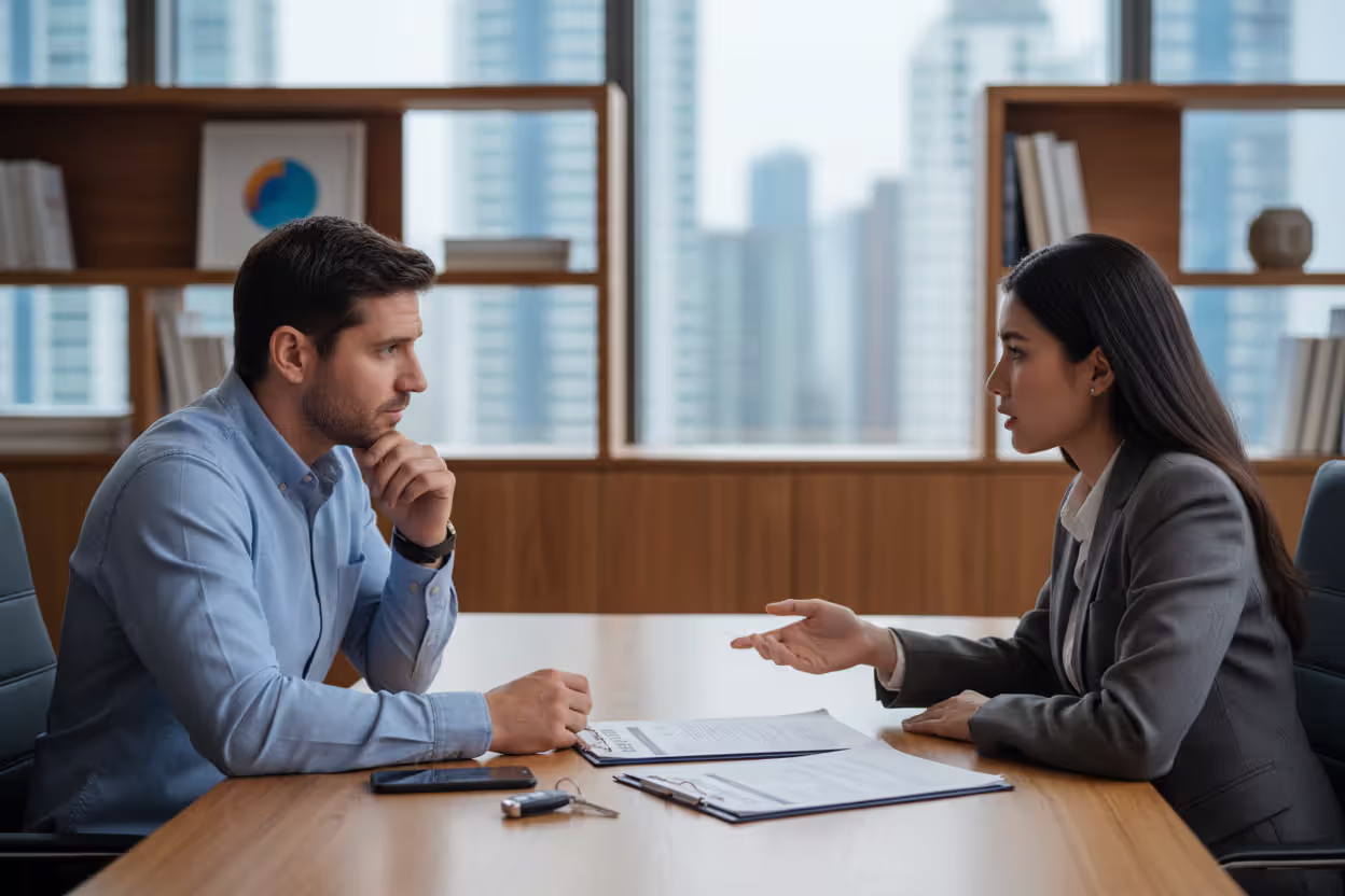 Borrower discussing the best time to refinance a car loan with an advisor