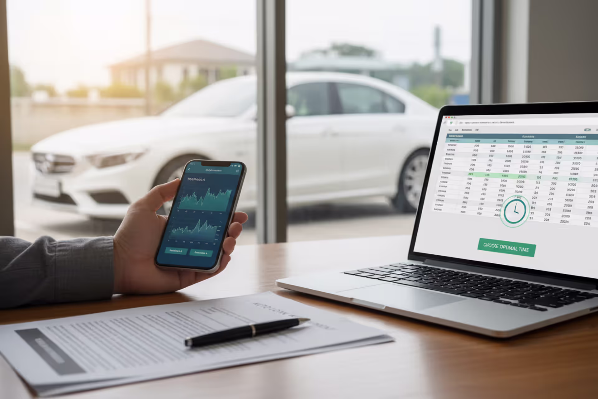 Car loan refinancing concept with car, loan documents, laptop and smartphone