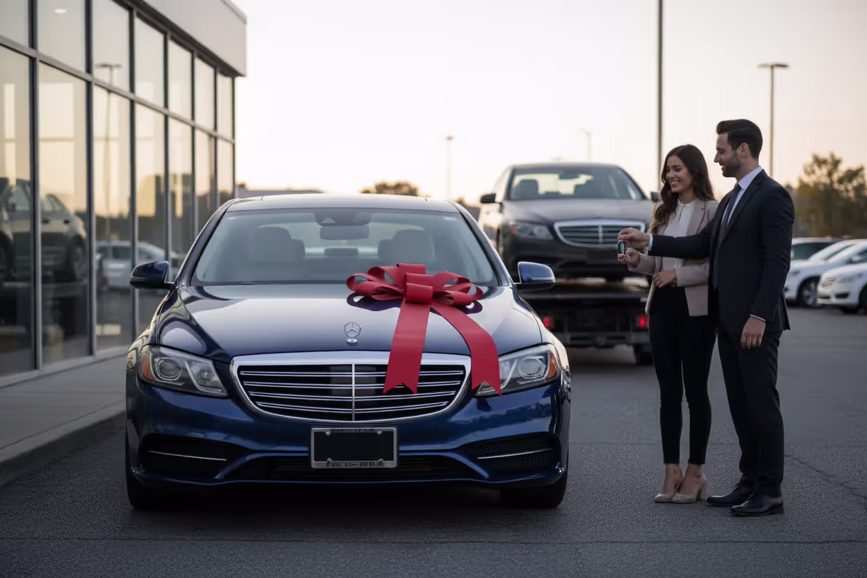 New car purchase at dealership with buyer receiving keys