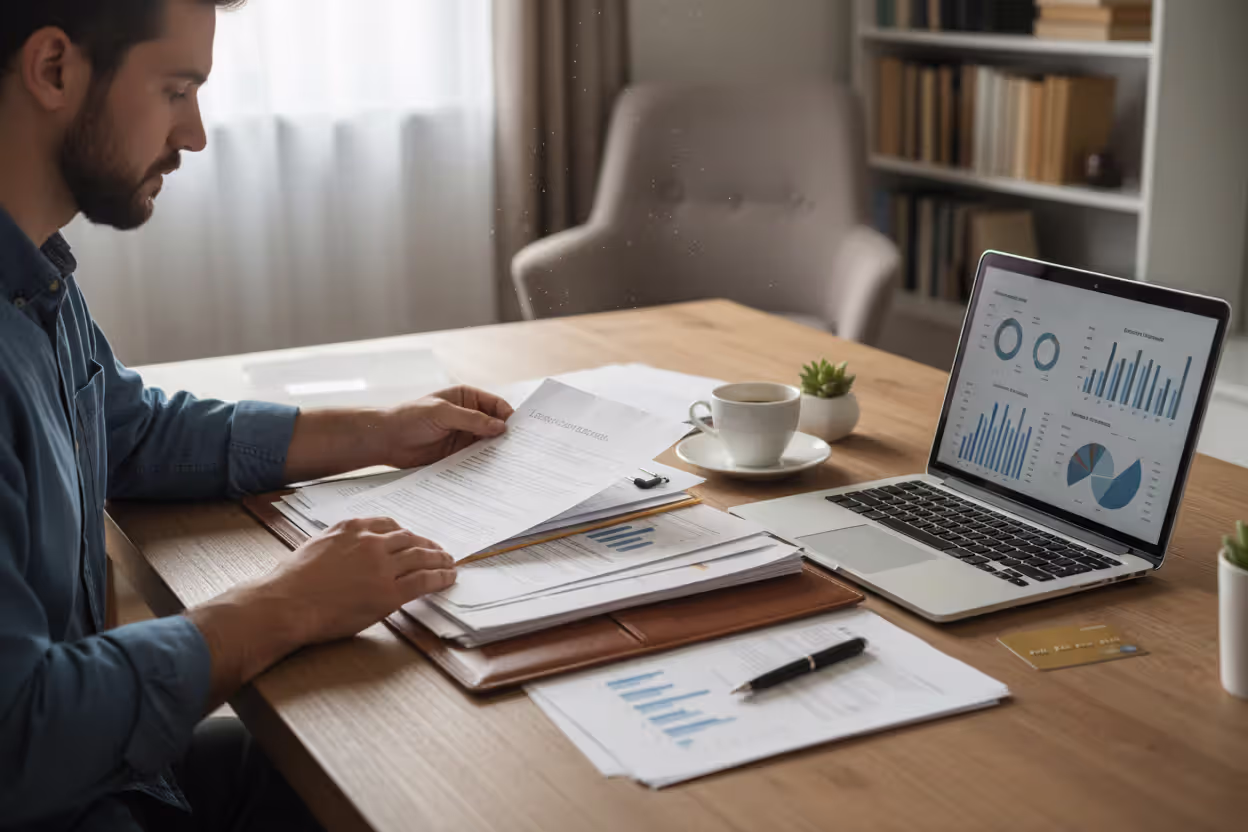 Person organizing documents for car loan refinancing