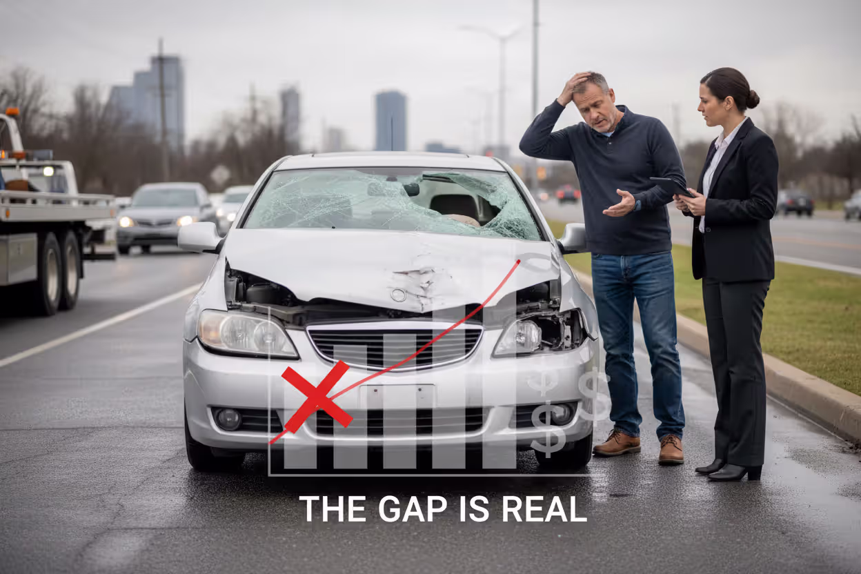 Damaged car and owner reviewing insurance situation