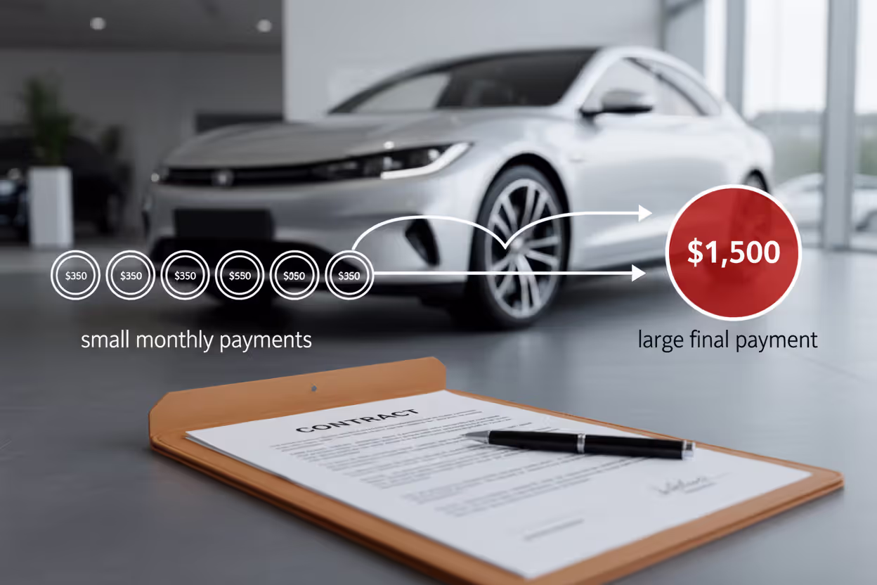 Car loan concept showing small monthly payments and one large final payment