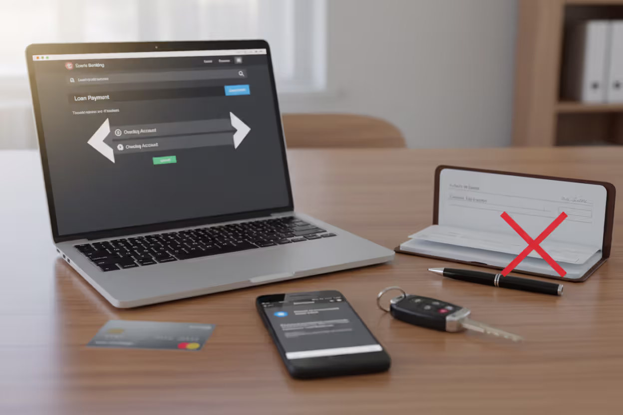 Standard car loan payment methods with bank account tools, checkbook, and car keys