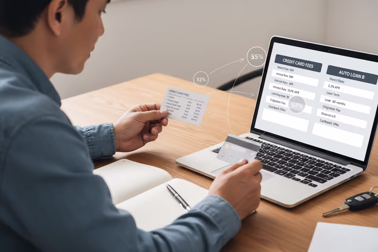Person comparing credit card costs and car loan expenses at a desk