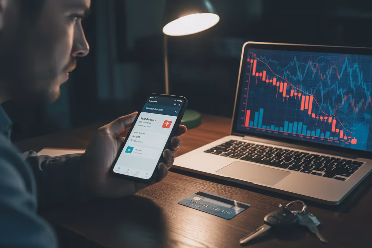 Concerned borrower reviewing credit card debt and car loan information