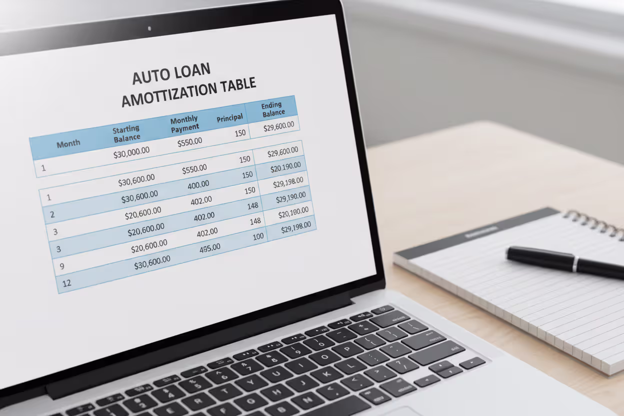 Auto loan amortization table displayed on a laptop screen