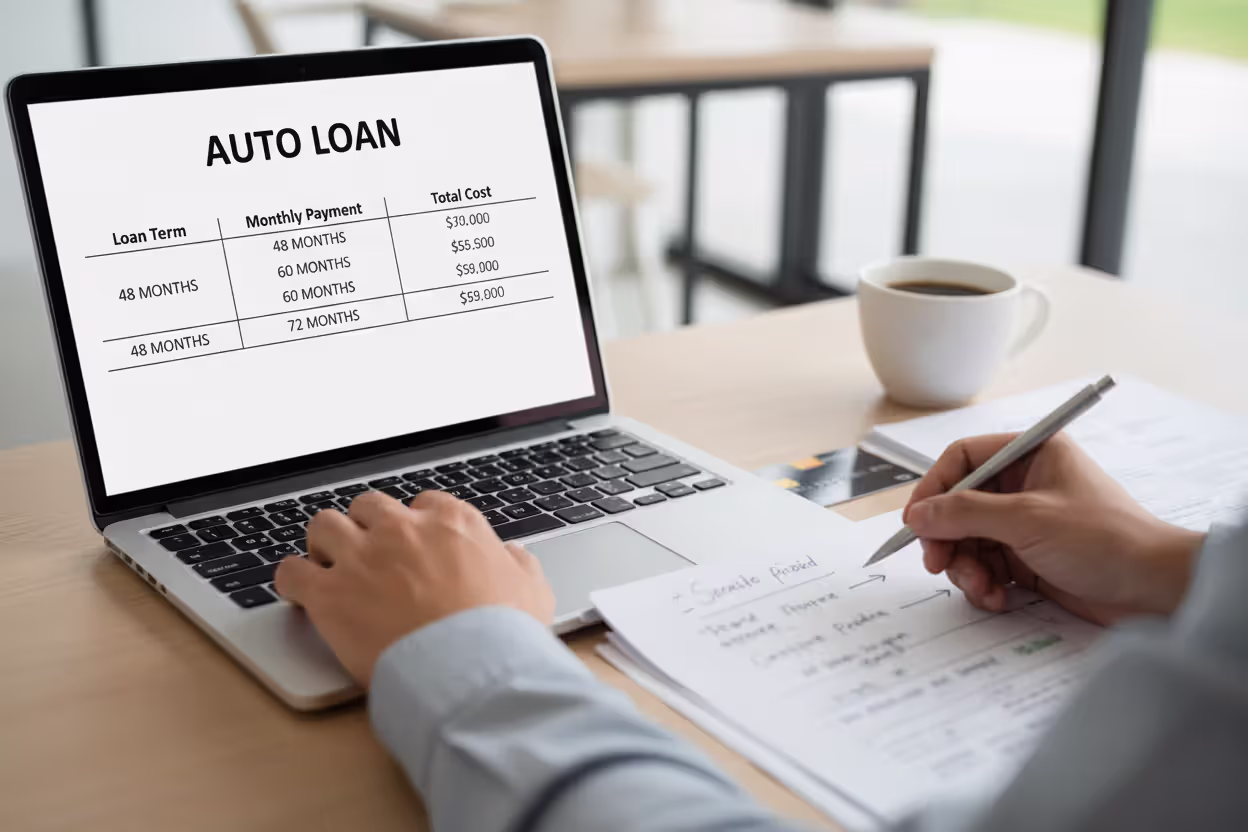 Person comparing multiple car loan term options on a laptop