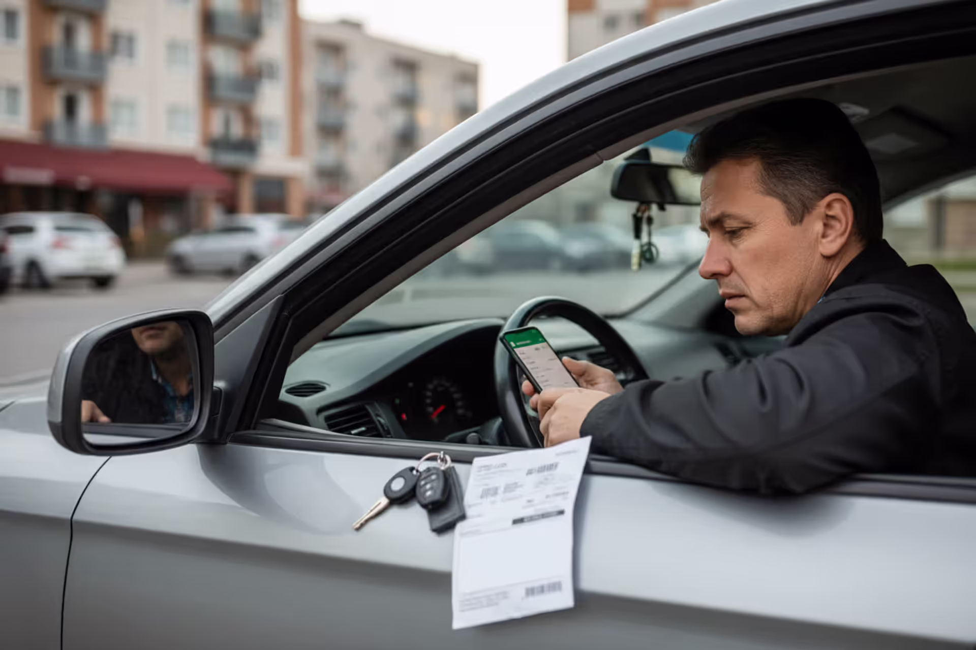 Worried car owner looking at a missed payment notice near a vehicle