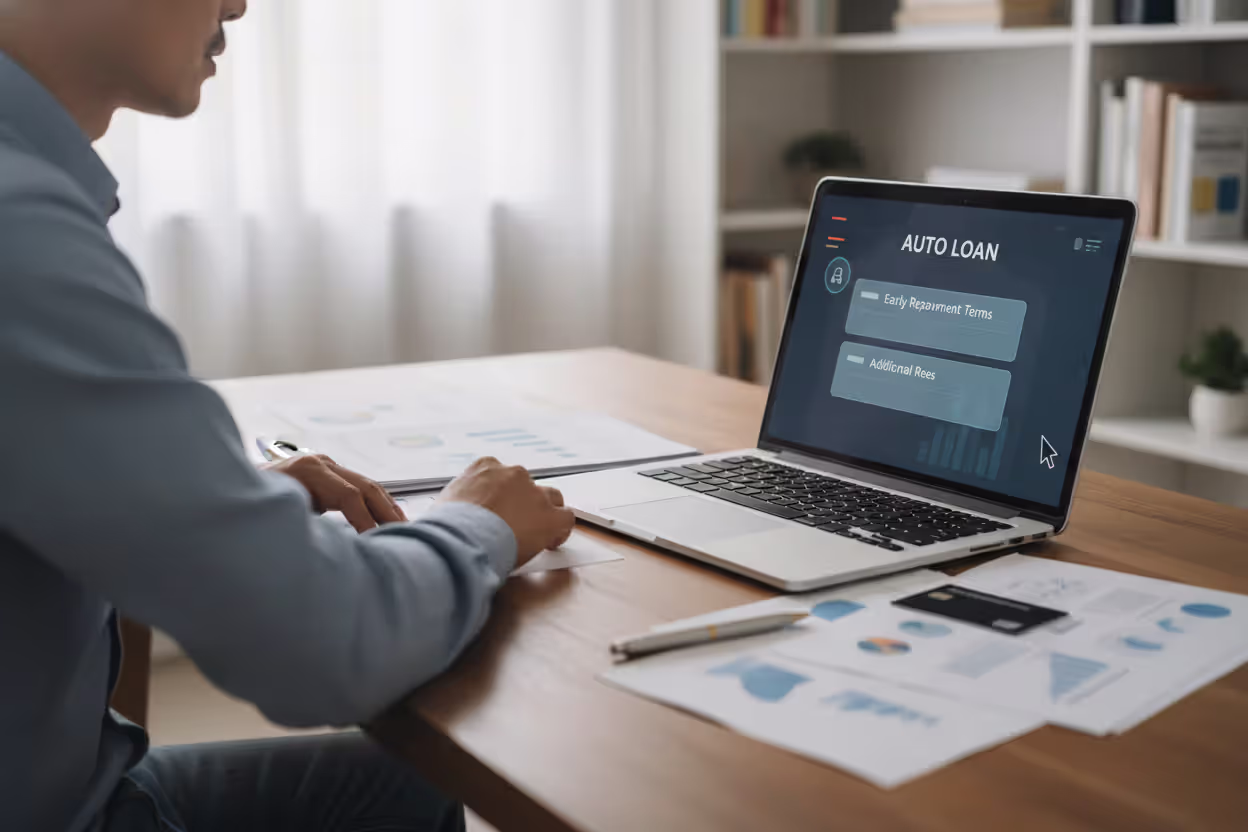 Person reviewing auto loan terms and extra payment options on a laptop