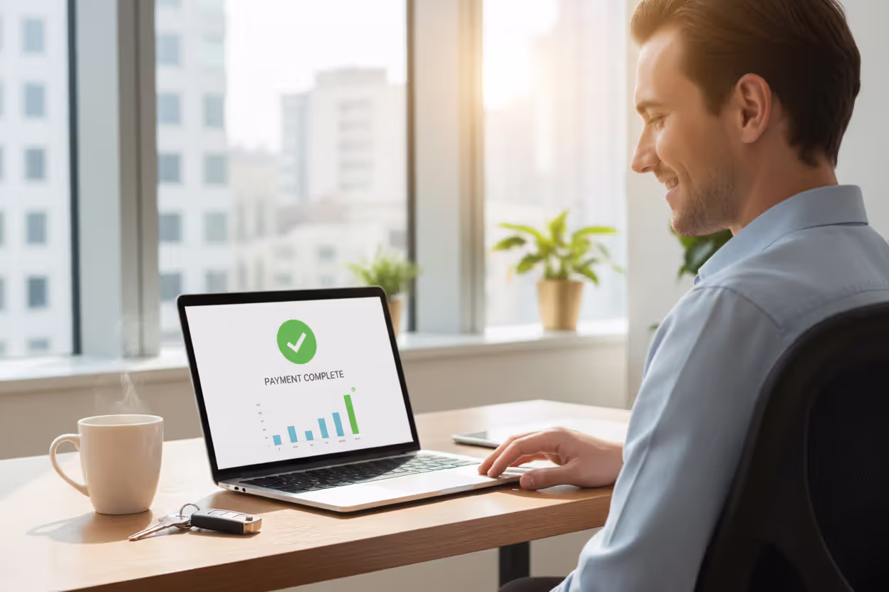 Satisfied car owner reviewing finances after paying off an auto loan