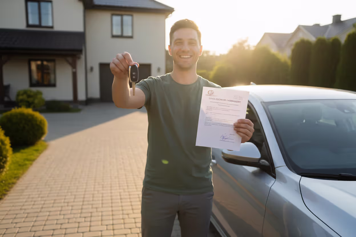 Car owner holding keys and final loan payoff documents beside a vehicle