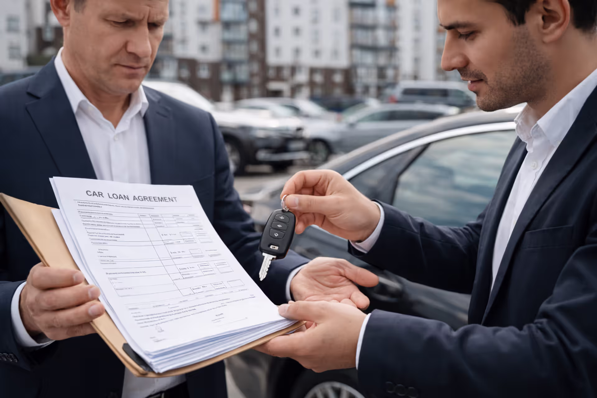 Two people reviewing car loan documents beside a parked car